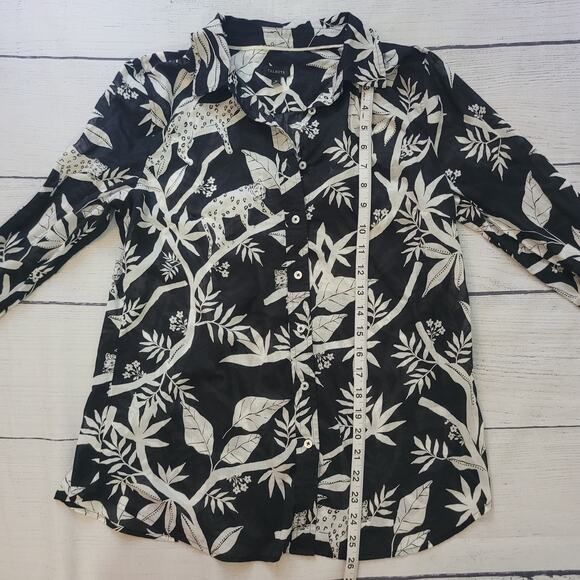Talbots Size M Cotton Button Front Shirt Tropical Panther Black White Collared - Picture 5 of 9